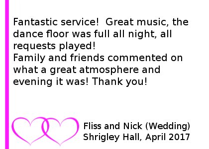 Shrigley Hall Wedding DJ Review 2017 - Fantastic service!
Great music, the dance floor was full all night, all requests played!Family and friends commented on what a great atmosphere and evening it was! Thank you